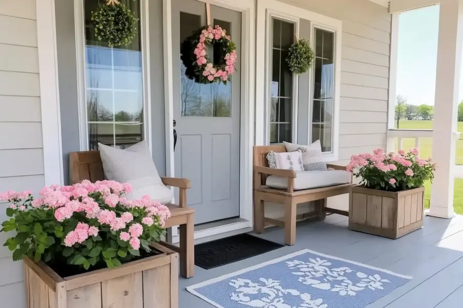 A welcoming farmhouse porch with wooden seating, pink flower arrangements in rustic planters, a floral wreath on the door, and cozy pillows, creating a relaxing outdoor space.