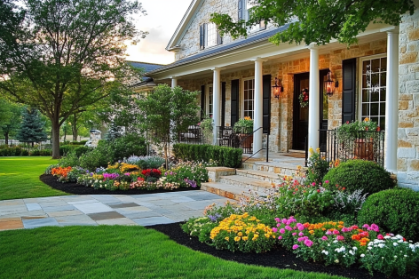 A picturesque front yard featuring a stone house with a welcoming porch framed by neatly trimmed shrubs and colorful flower beds. The vibrant mix of yellow, pink, and orange blooms contrasts beautifully with the lush green lawn, while the stone pathway and steps lead gracefully to the entrance. Mature trees provide shade, adding to the serene and elegant setting.