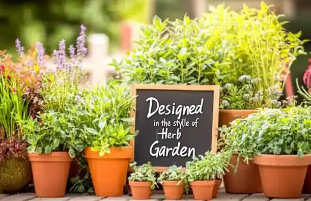 A vibrant arrangement of potted herbs in terracotta pots, including basil, lavender, and parsley, displayed outdoors on a sunny day. A small chalkboard in the center reads "Designed in the style of Herb Garden," blending seamlessly into the lush greenery.