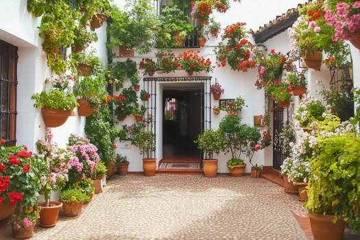 A picturesque Mediterranean-style courtyard with white walls adorned with an array of colorful potted flowers, including pink, red, and white blooms. Hanging and wall-mounted terracotta pots filled with lush green foliage and vibrant flowers decorate the space. The entrance features a black wrought iron gate with potted plants on either side.