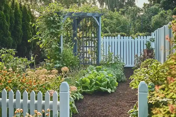 A serene vegetable garden surrounded by a white picket fence, featuring leafy greens, blooming flowers, and a wooden archway covered with climbing plants.