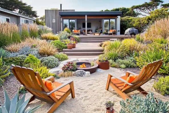 A serene backyard featuring a sandy fire pit area with wooden Adirondack chairs and vibrant orange cushions, surrounded by drought-tolerant plants and leading to a modern patio with a cozy seating area.