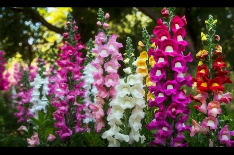 A vibrant display of snapdragon flowers in shades of pink, white, yellow, and red. The tall spires of blooms stand gracefully in a sunlit garden, framed by a soft, green, natural background.