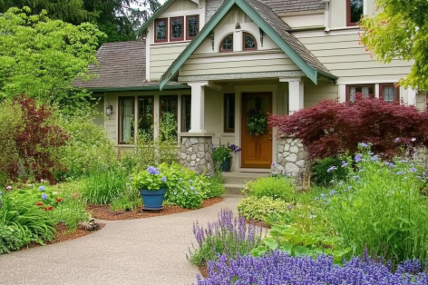 A charming cottage-style home surrounded by a lush and colorful garden. The pathway to the front door is lined with vibrant purple flowers, ornamental grasses, and a mix of shrubs and trees, including a stunning Japanese maple. A blue ceramic planter adds a touch of elegance, creating a cozy and inviting outdoor space.