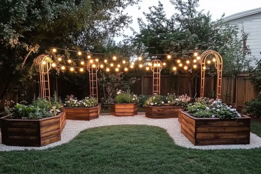 A beautifully landscaped backyard garden featuring wooden raised garden beds arranged in a semi-circle on a gravel surface. The beds are filled with lush green plants and blooming flowers. Four metal garden arches support string lights that illuminate the space, creating a warm and inviting atmosphere at dusk.