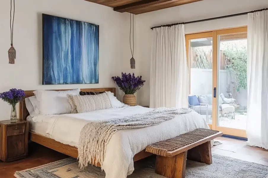 A warm and inviting bedroom featuring a wooden bed with white linens, a textured throw, and a woven bench. A large blue abstract painting hangs above the bed, with pendant lights and vases of purple flowers adding to the bohemian aesthetic. Sliding glass doors lead to an outdoor seating area