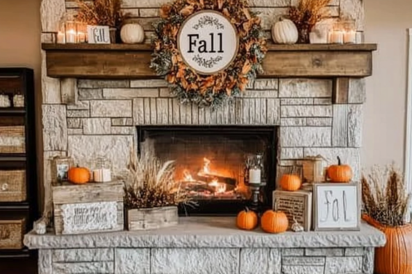 A cozy fall-themed fireplace decorated with small orange pumpkins, white pumpkins, and autumn leaves. The wooden mantle features a circular "Fall" wreath in warm orange tones and is adorned with candles and seasonal decor. The hearth is styled with rustic wooden crates, dried wheat arrangements, and festive signs, creating a warm and inviting autumn atmosphere.