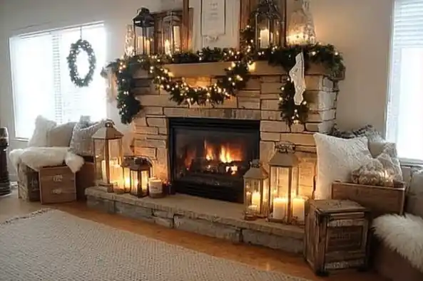 Festive fireplace with greenery, lights, and lanterns.