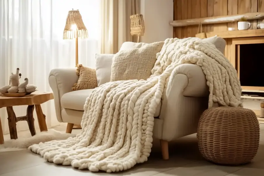 A warm and inviting living room corner featuring a beige armchair with a chunky knit blanket, textured throw pillows, and a woven ottoman. A rustic wooden side table with decorative items and soft lighting completes the cozy atmosphere