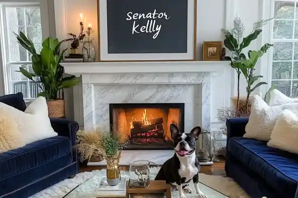 A cozy living room with a fireplace, a Boston Terrier, and elegant decor