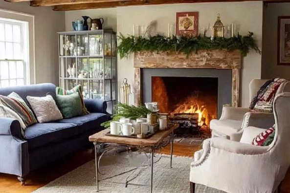 A warm and inviting living room featuring a lit fireplace with a rustic wooden mantel adorned with greenery and festive decorations. A navy-blue sofa with decorative pillows sits to the left, while a cream-colored armchair with a patterned throw blanket is positioned to the right. A wooden coffee table in the center holds mugs and greenery.