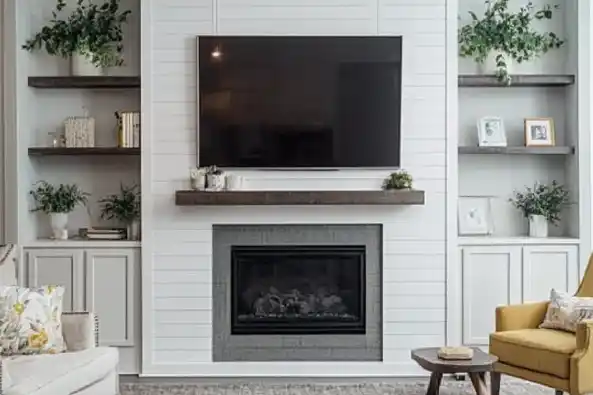 Modern living room with a shiplap wall, TV, fireplace, and built-in shelves decorated with greenery.