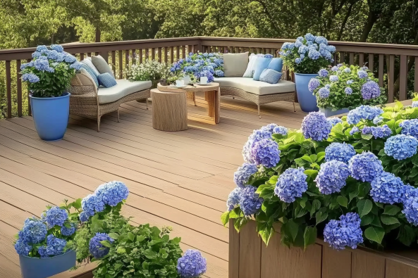 A beautifully decorated outdoor deck featuring lush blue hydrangeas in pots and planters, along with comfortable seating including cushioned sofas adorned with blue and white pillows. A wooden table with a rustic design sits in the center, complementing the warm-toned wooden deck.