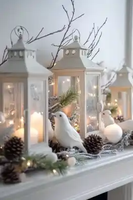 A festive winter mantelpiece decoration featuring white lanterns with glowing candles, white bird figurines, pinecones, and frosted greenery, creating a cozy and serene holiday ambiance.