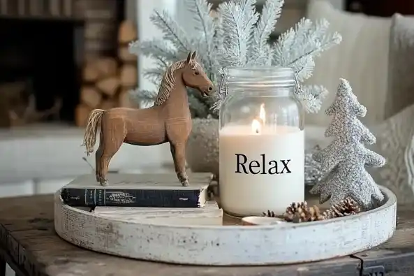 A small wooden tray with a lit "Relax" candle, a wooden horse figurine, and frosted mini trees on a rustic table.