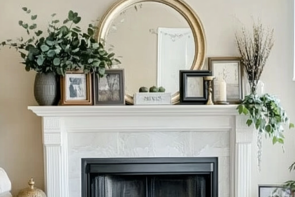 A white fireplace mantel elegantly decorated with a round gold mirror, framed photos, green foliage in vases, and small decorative accents, creating a cozy and stylish ambiance.