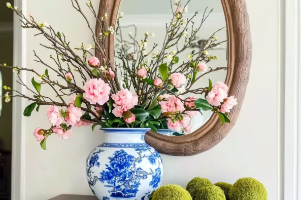 A beautifully arranged floral display featuring pink blossoms and budding branches placed in a classic blue and white porcelain vase. The vase sits on a dark wooden surface, accompanied by decorative green moss spheres. A rustic wooden-framed mirror in the background reflects the floral arrangement, adding depth and charm to the decor.