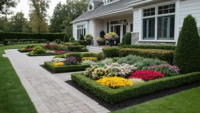 A beautifully landscaped front yard featuring vibrant flower beds bordered by neatly trimmed hedges, a paved walkway, and a modern white house in the background.