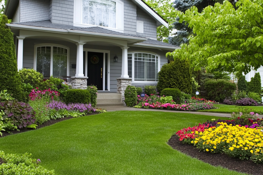 A beautifully maintained front yard featuring a lush green lawn, vibrant flower beds filled with colorful blooms, and neatly trimmed shrubs. The charming gray house with a welcoming porch adds to the picturesque setting, framed by mature trees and a bright, sunny day