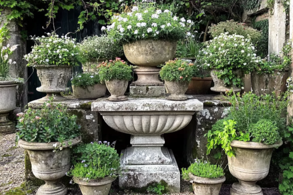 A beautifully arranged garden display featuring an assortment of antique stone planters filled with lush greenery and blooming white flowers. The symmetrical design includes a large central urn surrounded by smaller pots, all set on a moss-covered stone structure.