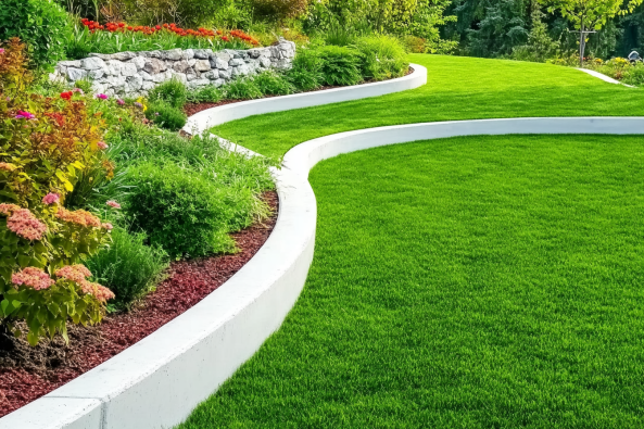 A beautifully landscaped garden featuring a vibrant green lawn bordered by curved white concrete edging. The garden includes colorful flowers, neatly trimmed shrubs, and a stone retaining wall in the background.