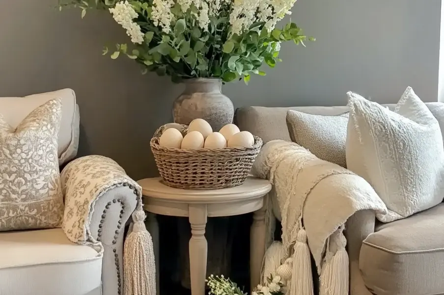 A cozy living space with two neutral-toned armchairs, a round wooden side table holding a woven basket of eggs, and a rustic vase with white flowers, complemented by textured pillows and soft throws