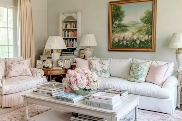 A cozy living room with a vintage-inspired aesthetic featuring a white sofa adorned with floral and pastel-colored pillows, a matching armchair, and a white coffee table with decorative books and a floral centerpiece. The walls are decorated with a landscape painting and built-in shelving filled with books.