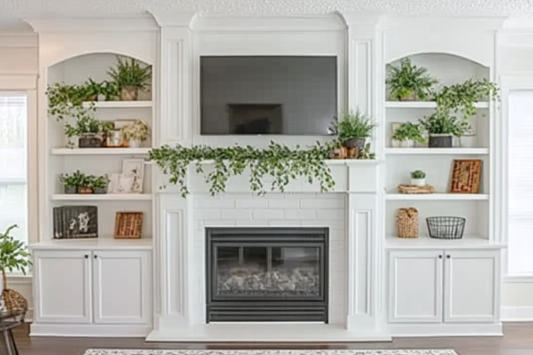 A beautifully decorated white built-in fireplace with surrounding shelves, featuring green plants, books, and decorative baskets. The mantel is adorned with cascading greenery, and a flat-screen TV is mounted above the fireplace.