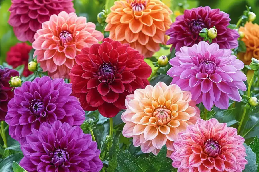 A stunning assortment of dahlias in vivid shades of red, purple, pink, and orange. The layered petals create a mesmerizing floral pattern, set against a backdrop of lush green leaves in a sunlit garden.