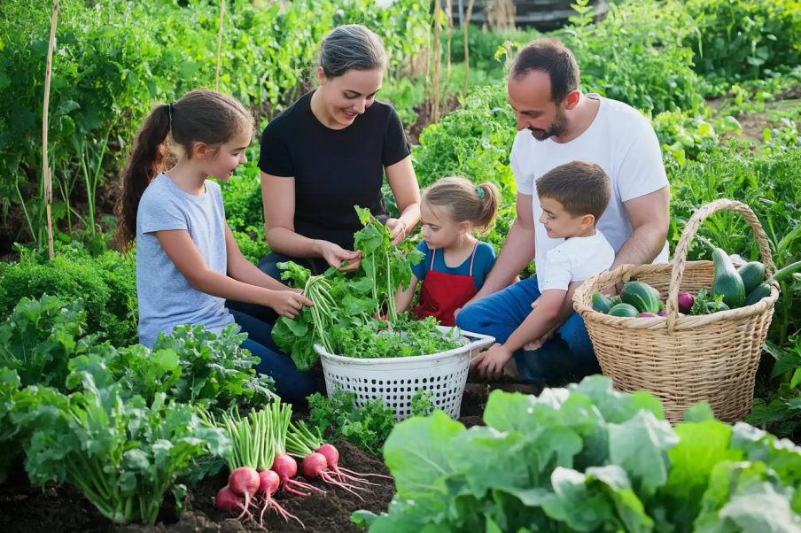 A joyful family working together in a lush vegetable garden, harvesting fresh greens and root vegetables. The parents and children are gathered around a basket of produce, including radishes and zucchini, sharing smiles and enjoying the bountiful harvest. The vibrant greenery and rich soil highlight the abundance and connection to nature.