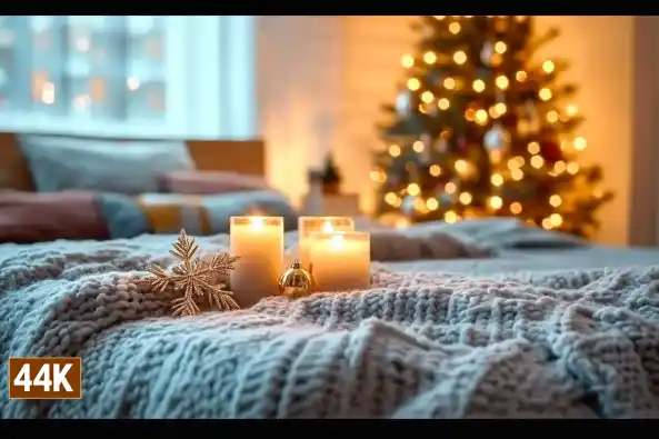 A cozy bed with candles and festive decorations, including a golden snowflake, in front of a lit Christmas tree.