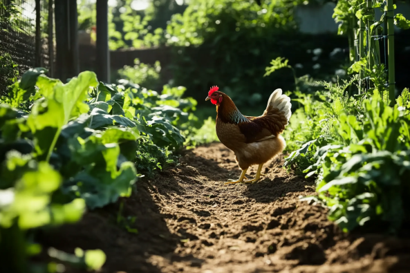 A healthy brown and white chicken with a bright red comb and wattles walks along a freshly tilled dirt path in a lush vegetable garden. The garden is filled with vibrant green leafy plants on both sides of the path, bathed in warm sunlight.