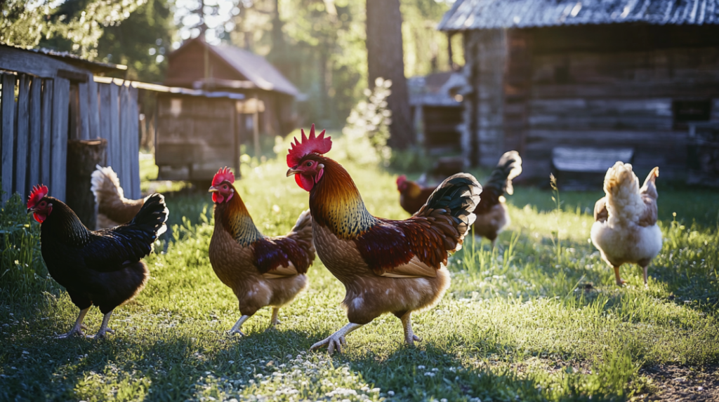 A picturesque farmyard scene with a rooster and several hens freely roaming on a grassy area. The backdrop features a rustic wooden barn, trees, and a small gazebo bathed in soft sunlight, highlighting the serene rural setting. The vibrant red combs of the chickens add a touch of color to the natural surroundings.