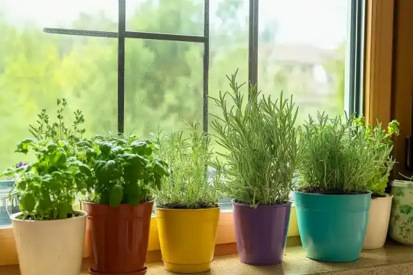 A collection of vibrant potted herbs, including basil, rosemary, and parsley, placed on a sunny windowsill with a lush green view outside.