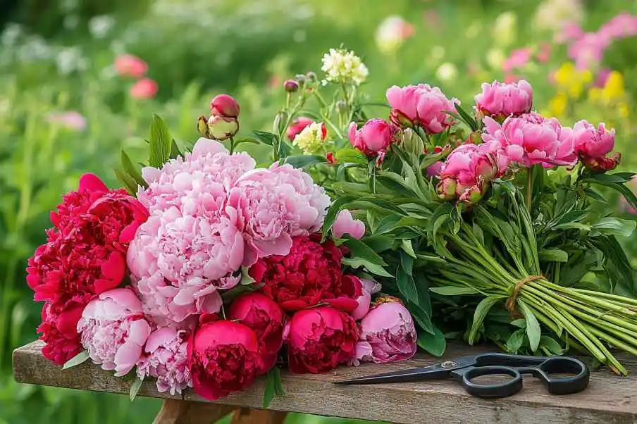  A charming collection of freshly cut peonies in shades of pink and deep red, neatly arranged on a rustic wooden table. A pair of black garden scissors rests nearby, with additional peony stems waiting to be trimmed. The vibrant blooms are set against a lush green garden backdrop, capturing the essence of springtime beauty.