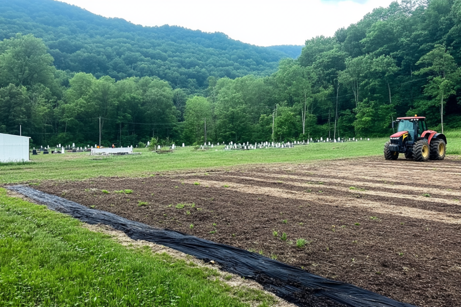 A large garden bed freshly prepared for planting, with sections mulched and tilled. The garden is surrounded by lush greenery and dense forested hills in the background. A red utility vehicle is parked nearby, adding to the pastoral and serene atmosphere. The open layout suggests readiness for a productive growing season.