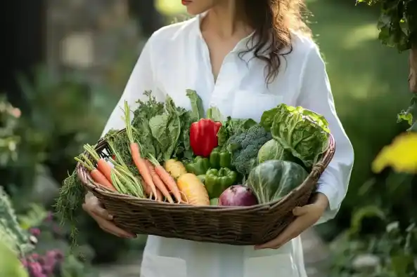 A woman holding a basket of fresh vegetables in a garden.