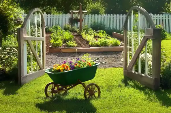 A garden with a wheelbarrow of flowers and raised vegetable beds.