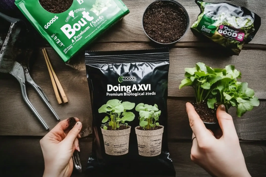 A top-down view of a gardening setup featuring a packet of 'Doing AXVI Premium Biological Seeds' in the center, with hands holding soil and a small potted plant. Surrounding items include soil bags, a small pot of soil, gardening tools, and a leafy plant on a rustic wooden surface.