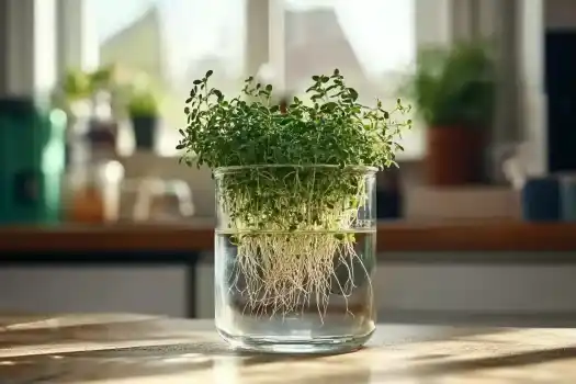 Microgreens growing in a jar, with roots visible in water on a sunny kitchen counter.