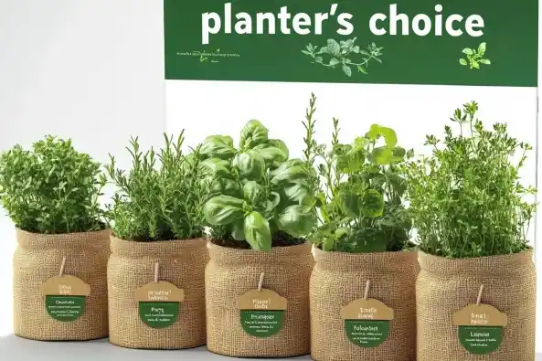 Burlap planters with herbs under "Planter's Choice" sign.