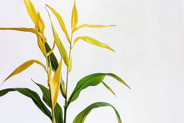 A close-up of a lucky bamboo plant with a mix of green and yellow leaves against a plain white background. Some leaves appear vibrant and healthy, while others are turning yellow, possibly indicating overwatering, underwatering, or nutrient deficiency.