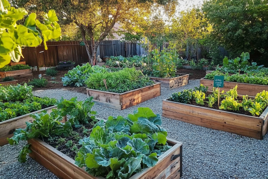 A vibrant vegetable garden featuring multiple raised wooden beds filled with leafy greens, cabbage, and other produce. The garden is set on a gravel pathway, adorned with stepping stones, and includes a cozy seating area with colorful cushions. Surrounded by lush greenery and wooden fencing, the space exudes a charming and productive outdoor vibe.