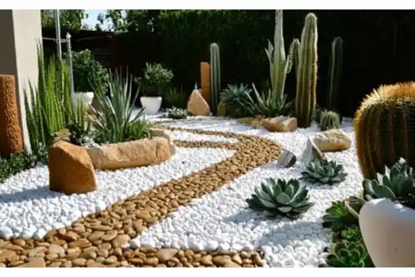 Desert garden with cacti, succulents, and a stone pathway.