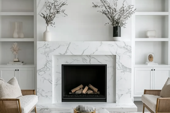 A modern living room with a sleek white marble fireplace, flanked by built-in shelves styled with minimalist decor. Two cozy armchairs and a small round coffee table complete the elegant setup.