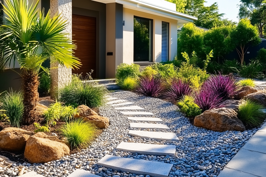 A beautifully designed front yard featuring a curved stone pathway bordered by decorative white pebbles and surrounded by lush greenery and vibrant purple flowers. Large boulders and drought-resistant plants, including ornamental grasses and shrubs, add texture and interest. The warm sunlight enhances the natural beauty of the space, leading to a welcoming porch.