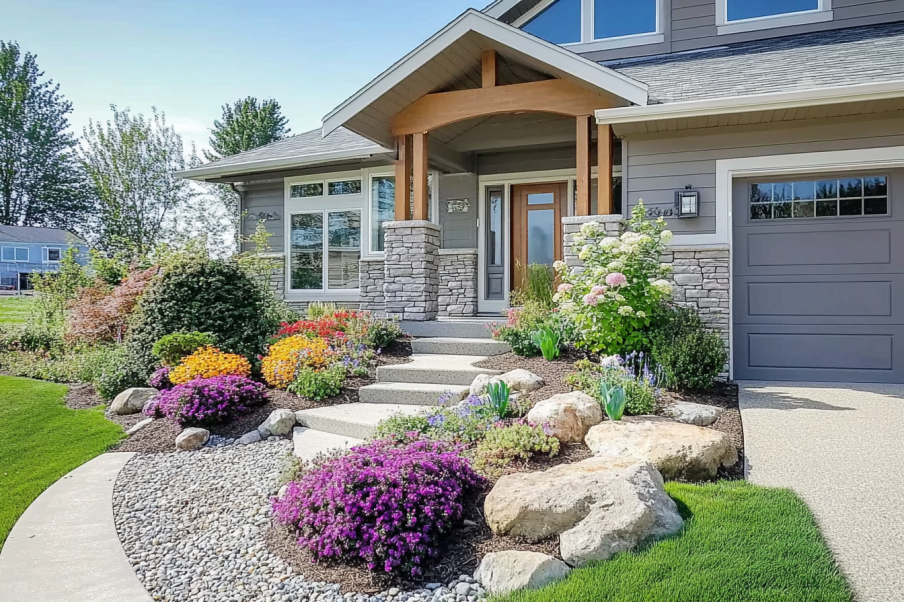 A stylish front yard featuring a contemporary house with stone pillars and wooden accents. The landscape is adorned with colorful flowers, neatly arranged shrubs, and decorative rocks. A curved pathway leads to the entrance, surrounded by vibrant greenery, creating a welcoming and polished outdoor space.