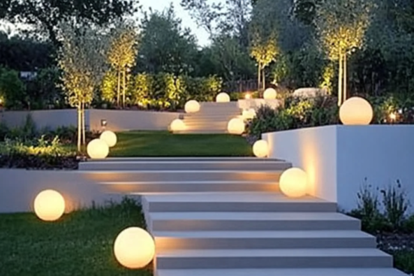 A beautifully designed outdoor landscape featuring a series of wide, modern steps leading up a gentle slope, illuminated by glowing spherical lights. The pathway is flanked by neatly trimmed greenery and small trees, which are also accentuated by warm uplighting. The ambient lighting creates a magical and inviting atmosphere, blending contemporary design with natural elements for a serene and sophisticated outdoor space.