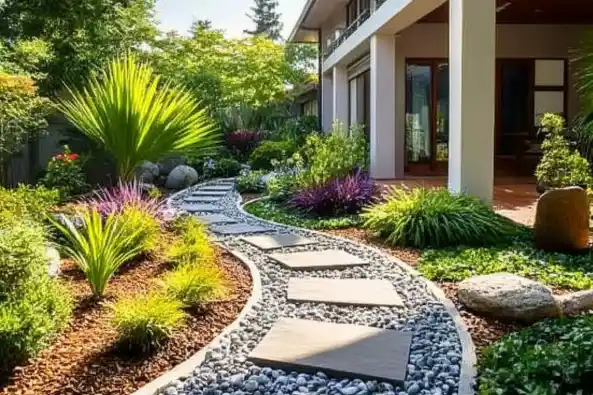 A beautifully designed modern garden featuring a winding stone pathway bordered by smooth pebbles and lush greenery, including tropical plants and ornamental grasses. The landscape is complemented by a contemporary home with large windows and a spacious patio.