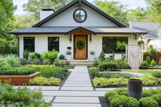 A modern single-story house with a white brick exterior, black roof, and wooden front door adorned with a green wreath. The front yard features a symmetrical, well-manicured landscape with a paved walkway leading to the entrance, surrounded by lush greenery, raised garden beds, and decorative elements such as a macrame wall hanging and a black metal water feature.